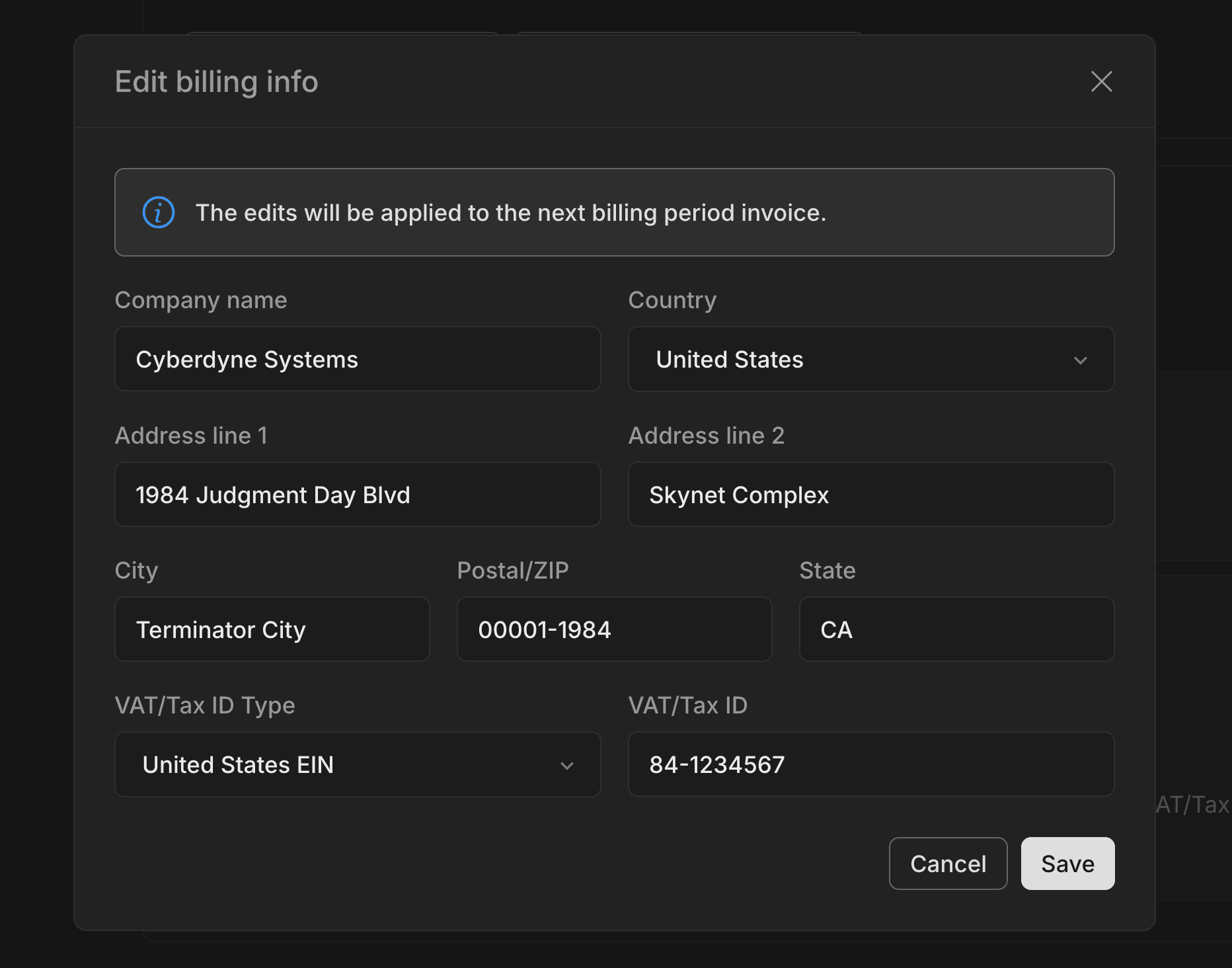 Edit billing info page